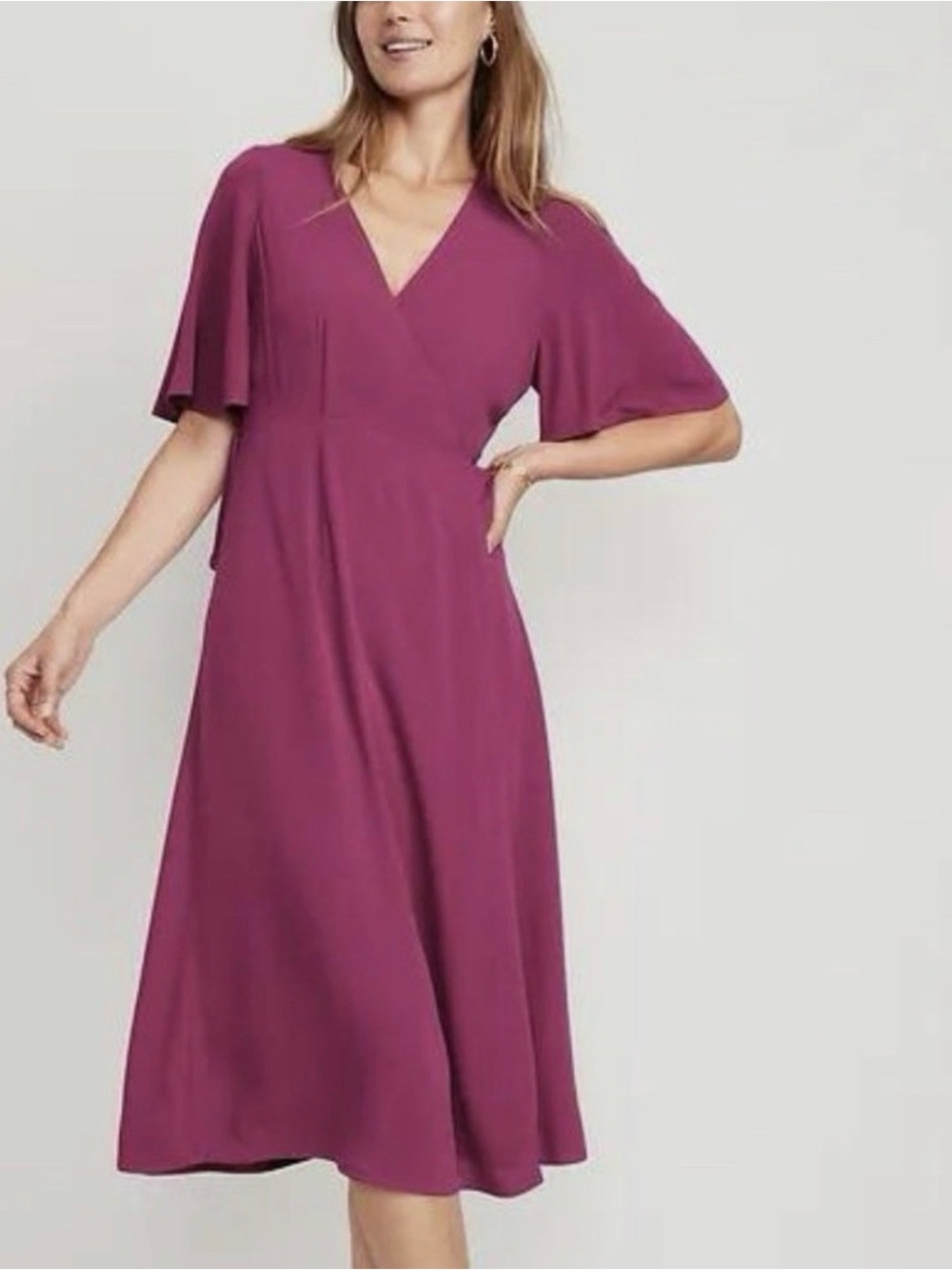 Old Navy Flutter Sleeve V-Neck Midi Dress in Berry 2xl
